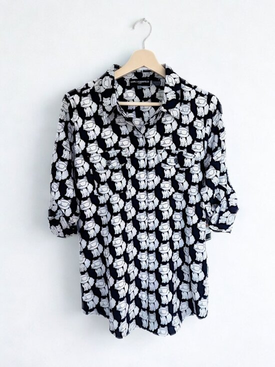 Karl Lagerfeld Tops - Karl Lagerfeld Paris Choupette Cat Print Button Front Blouse Shirt BlackWhite XS
